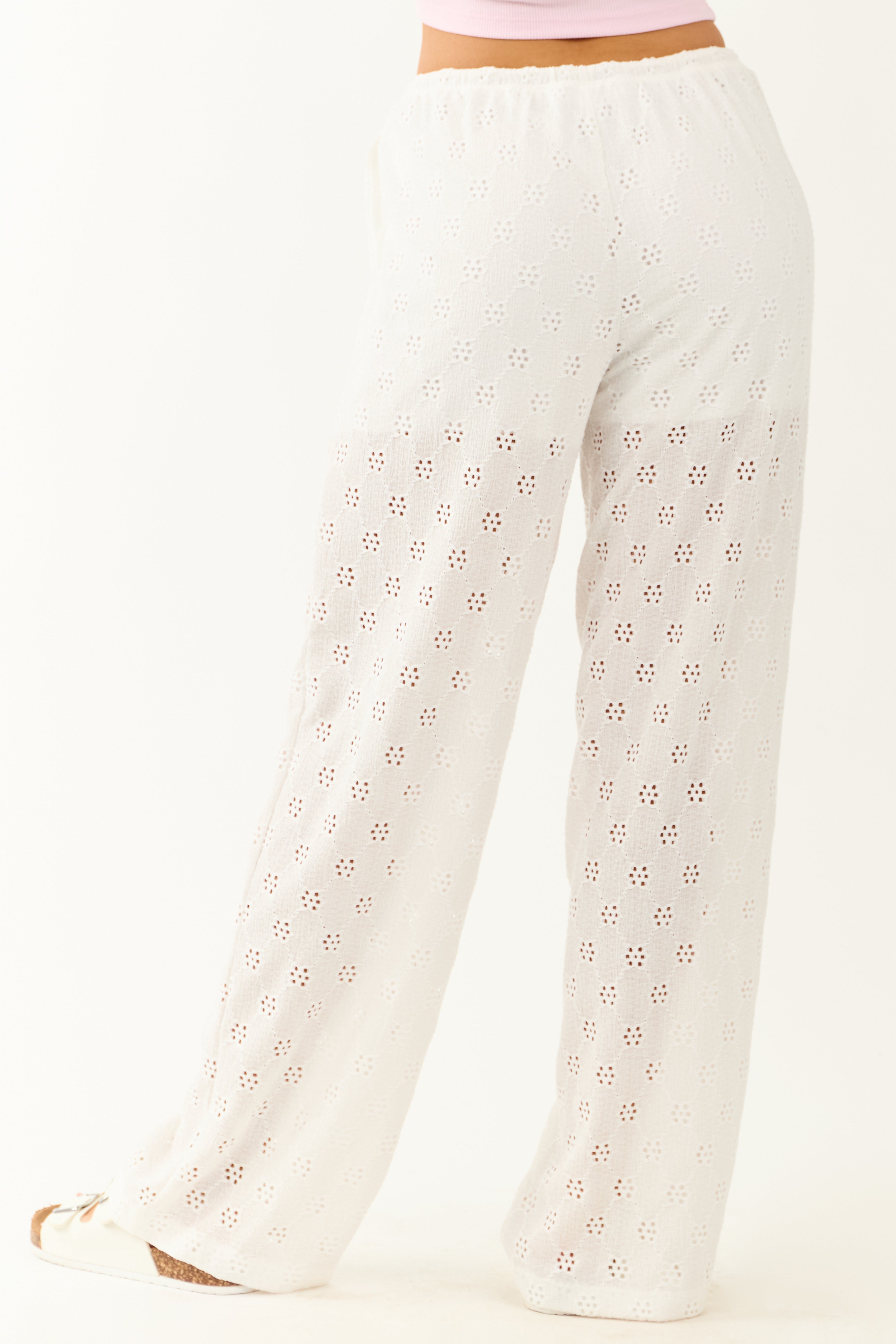 Ivory Eyelet Lace Drawstring High Rise Knit Pants