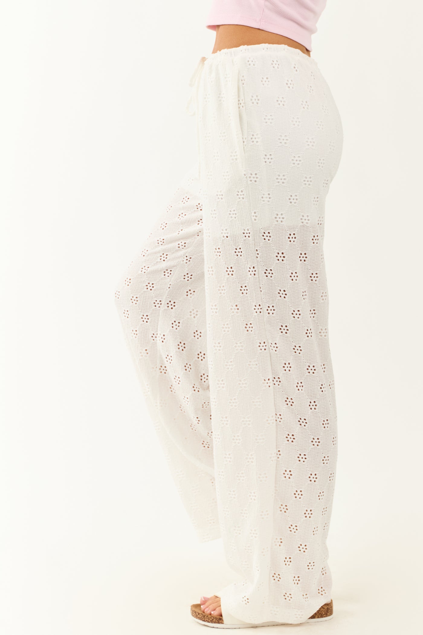 Ivory Eyelet Lace Drawstring High Rise Knit Pants