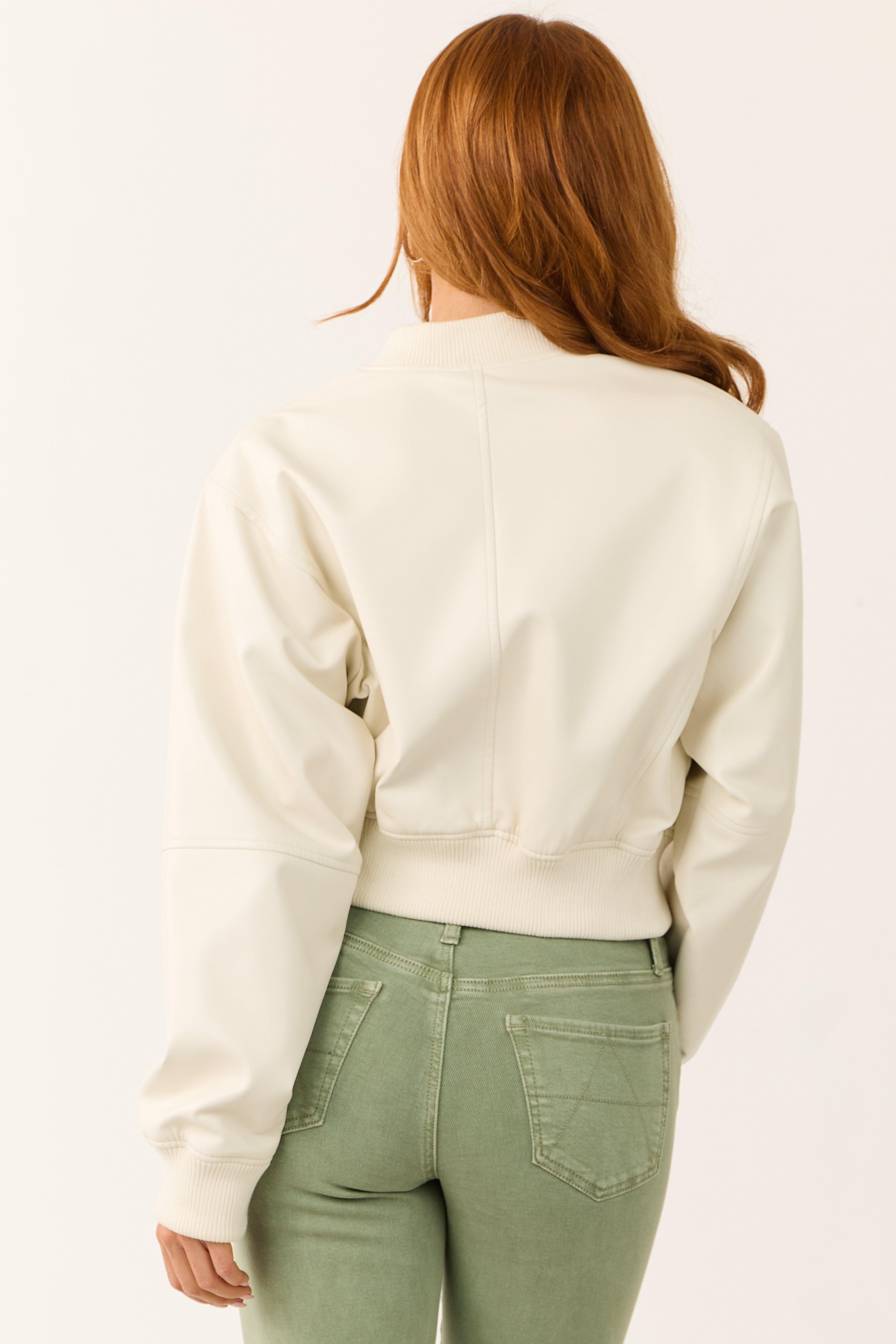 Ivory Faux Leather Zip Up Bomber Jacket