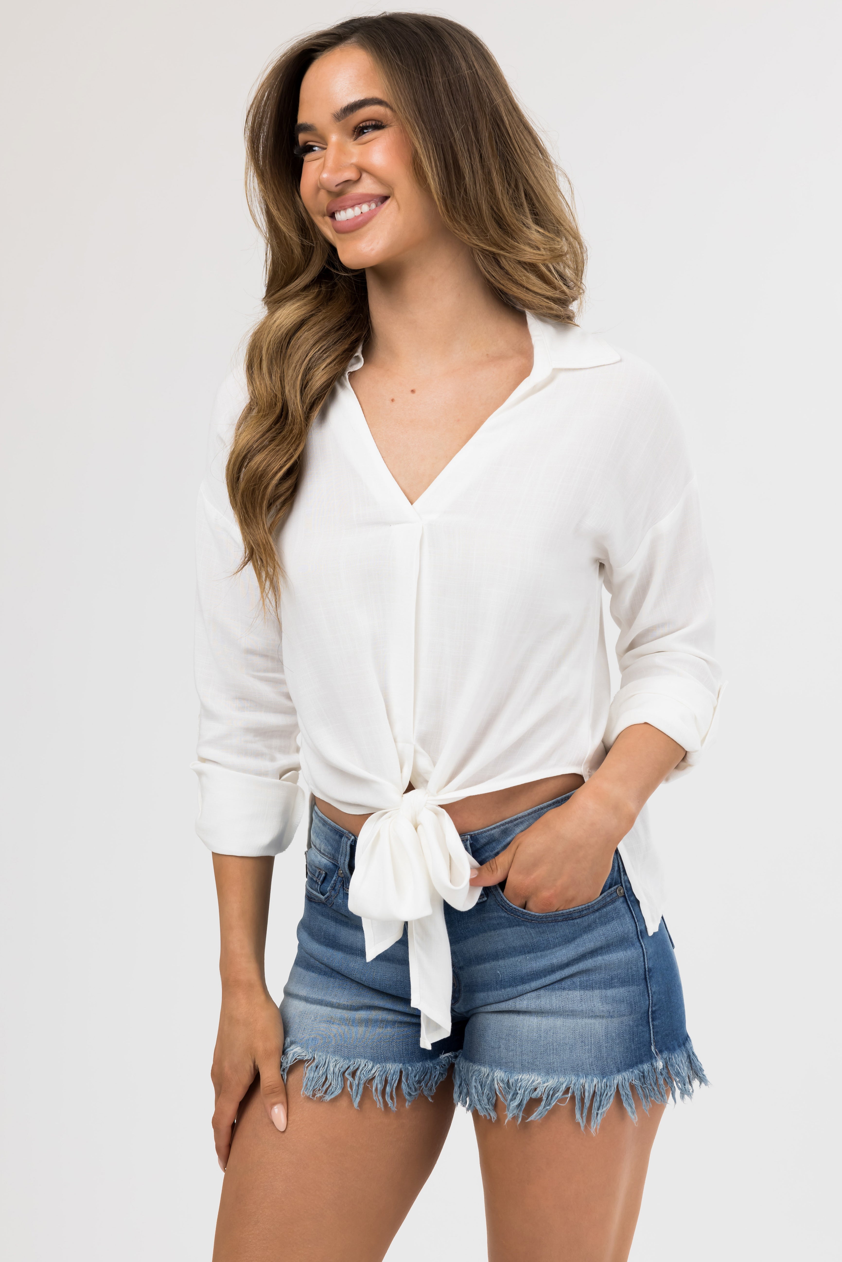 Ivory Faux Linen Hem Tie V Neck Shirt