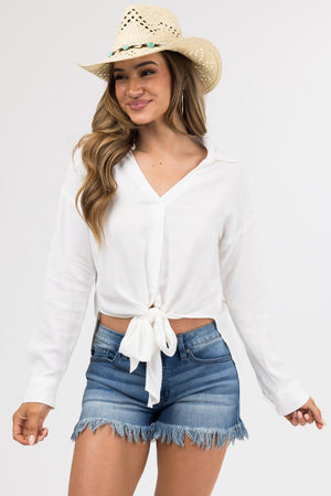 Ivory Faux Linen Hem Tie V Neck Shirt