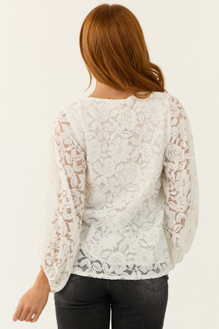 Ivory Floral Lace Long Bubble Sleeve Blouse