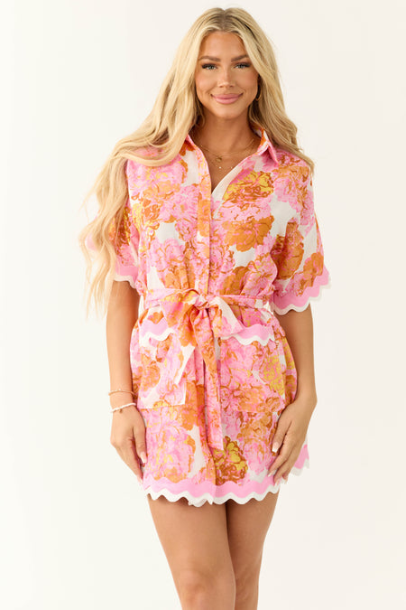 Ivory Floral Print Button Down Mini Dress