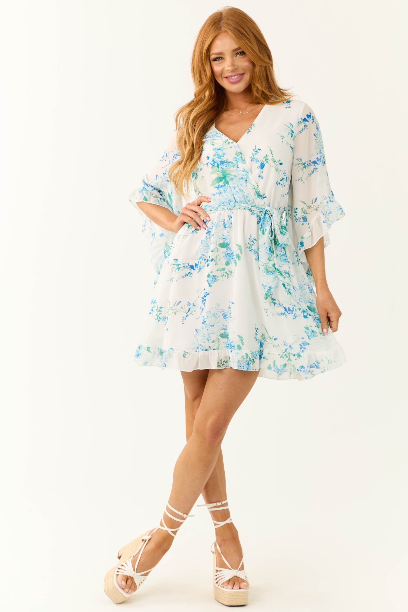 Ivory Floral Print Half Sleeve Short Dress