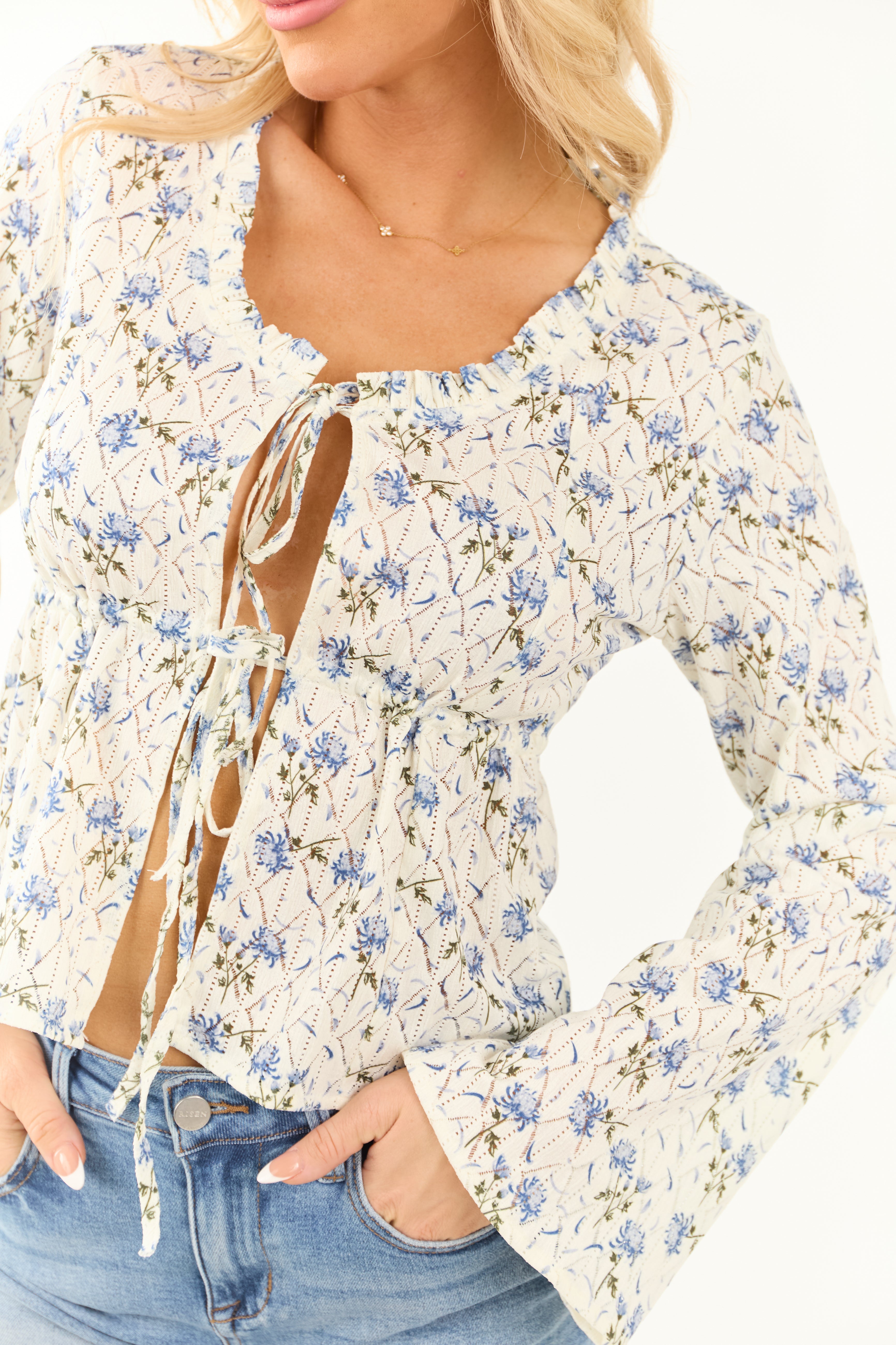 Ivory Floral Print Long Sleeve Open Tie Front Top