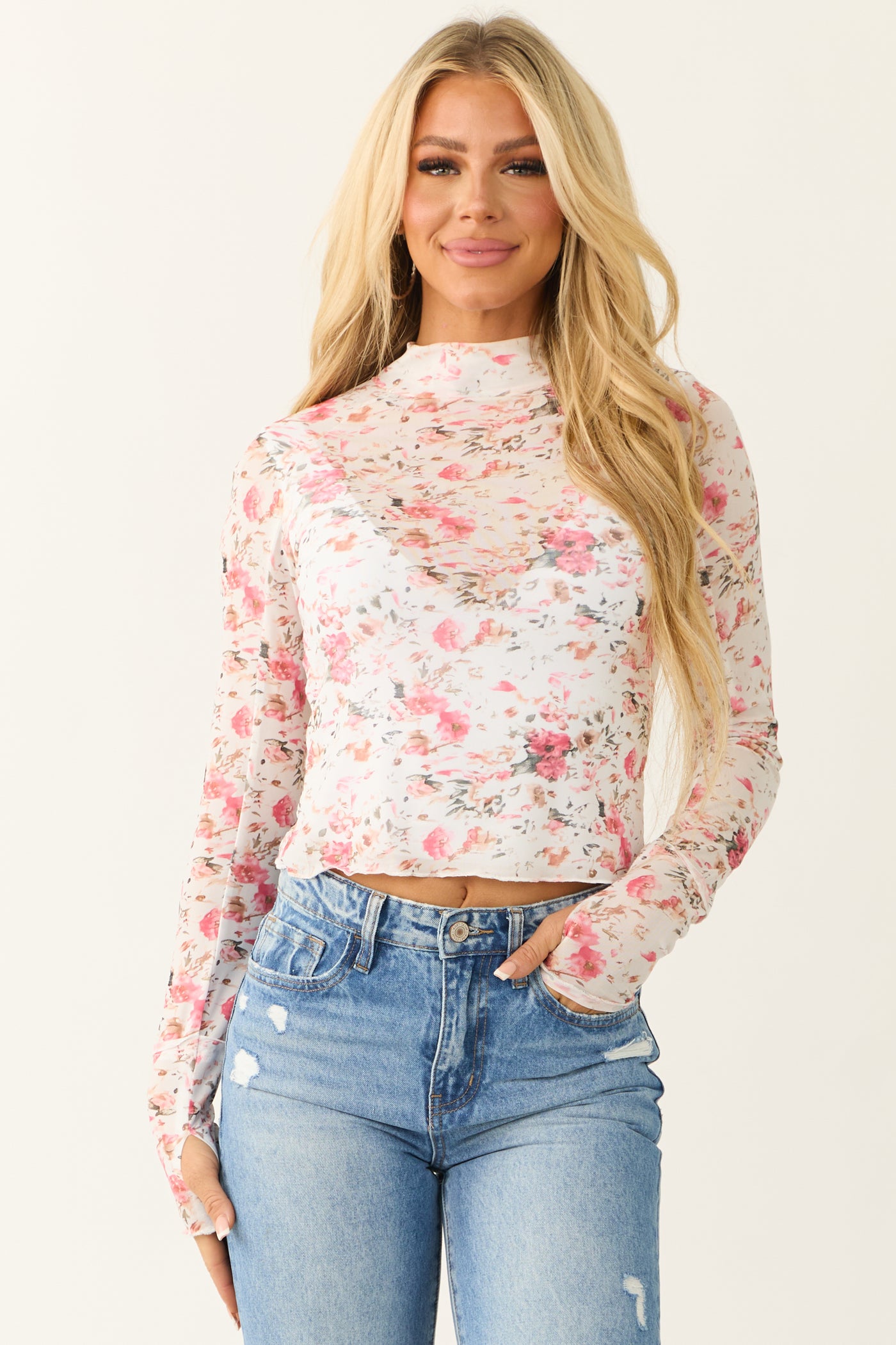 Ivory Floral Print Mesh High Neck Long Sleeve Top