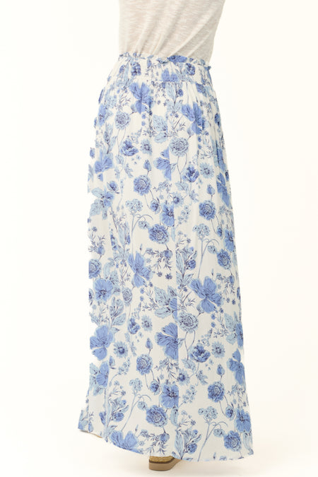 Ivory Floral Print Smocked Waist Maxi Skirt