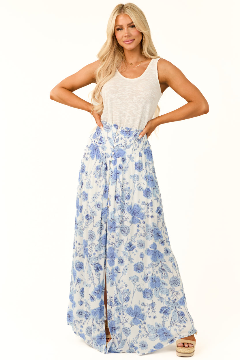 Ivory Floral Print Smocked Waist Maxi Skirt