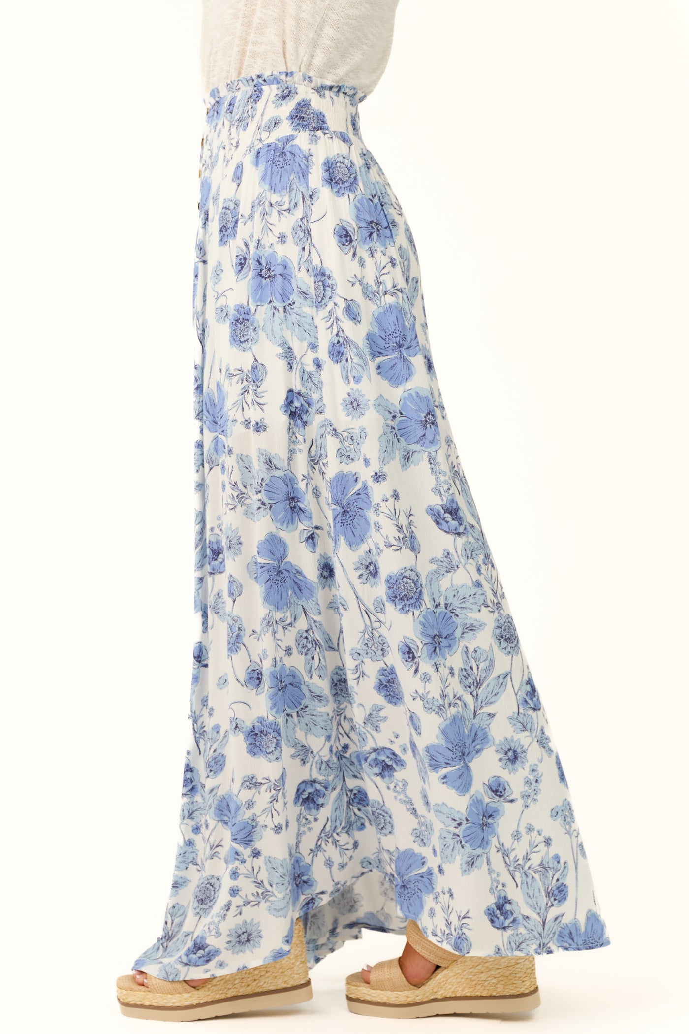 Ivory Floral Print Smocked Waist Maxi Skirt