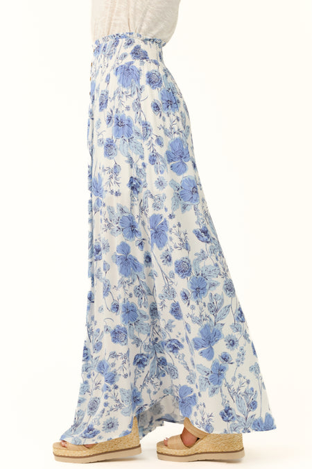 Ivory Floral Print Smocked Waist Maxi Skirt