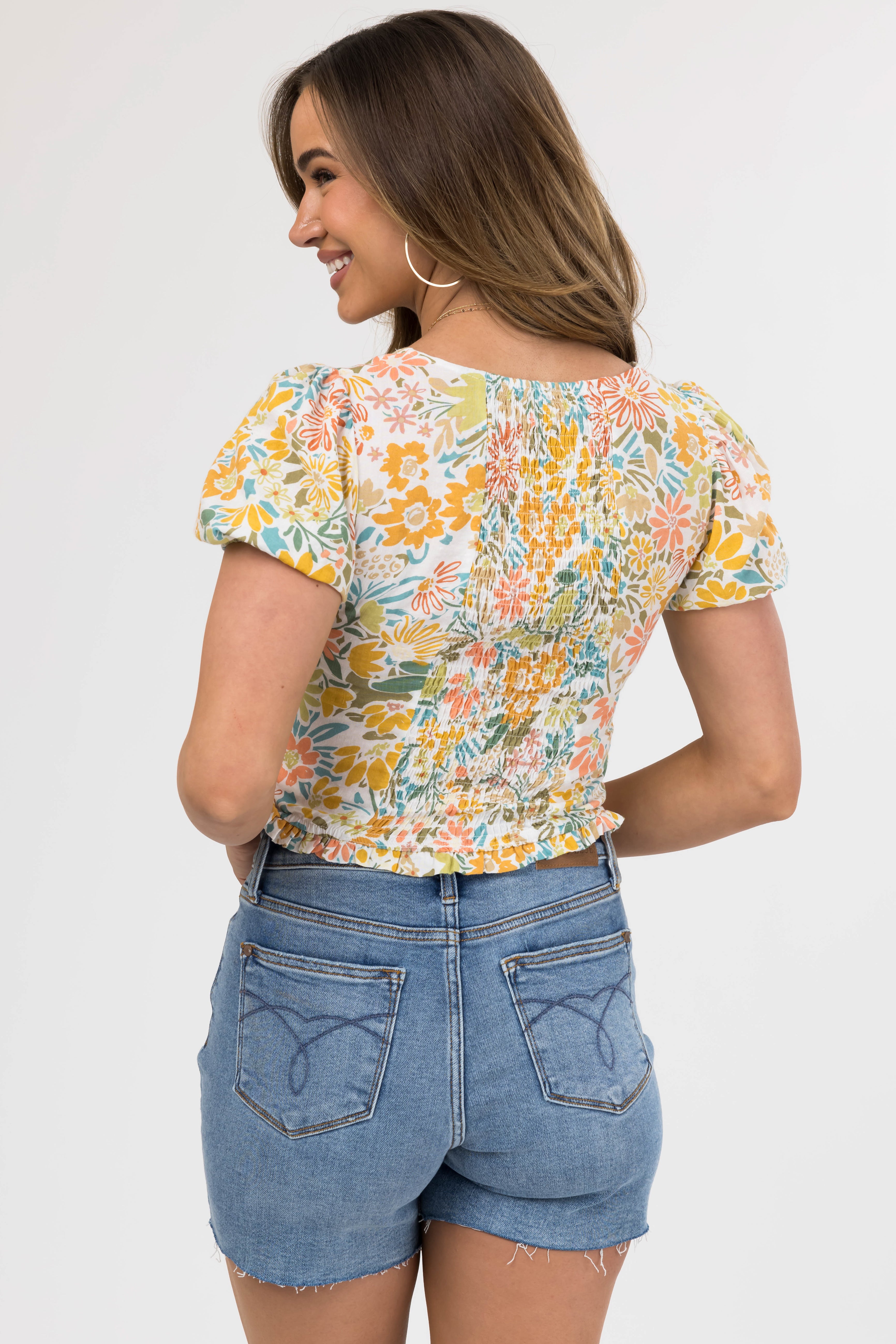 Ivory Floral Print Sweetheart Neck Crop Top