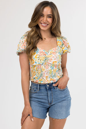 Ivory Floral Print Sweetheart Neck Crop Top