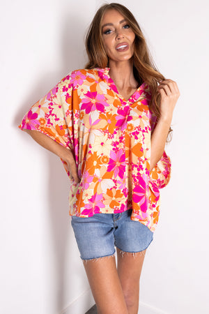 Ivory Floral Print V Neck Half Sleeve Top