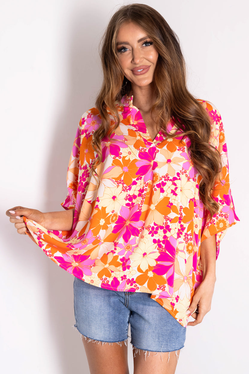 Ivory Floral Print V Neck Half Sleeve Top