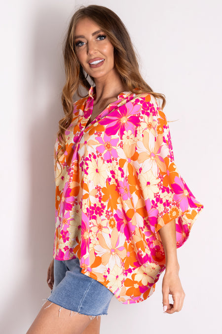 Ivory Floral Print V Neck Half Sleeve Top