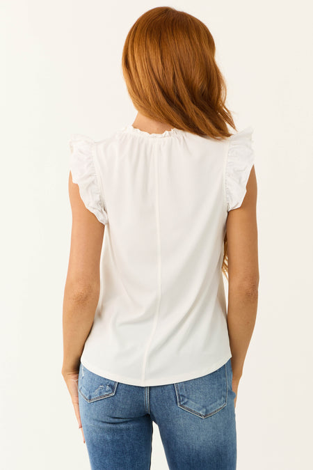 Ivory Frill Trim Contrast Ribbed Knit Top