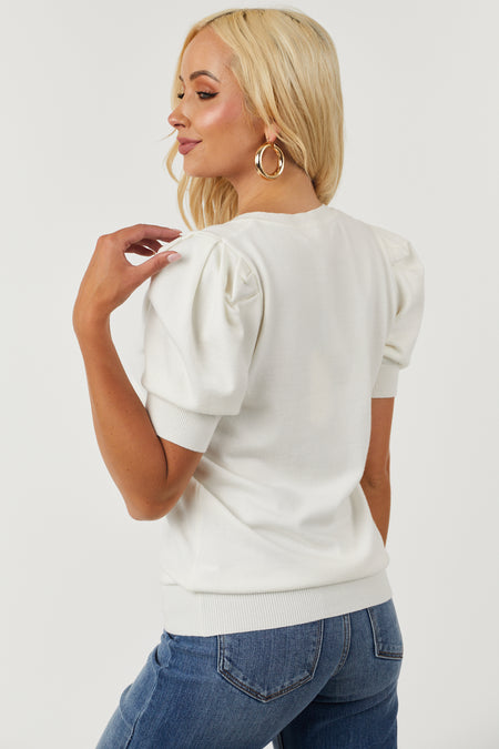 Ivory Half Puff Sleeve V Neck Soft Sweater