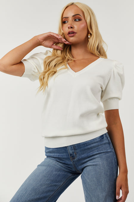 Ivory Half Puff Sleeve V Neck Soft Sweater