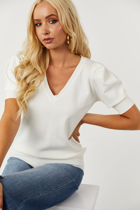 Ivory Half Puff Sleeve V Neck Soft Sweater