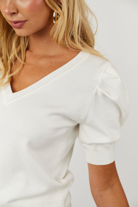 Ivory Half Puff Sleeve V Neck Soft Sweater