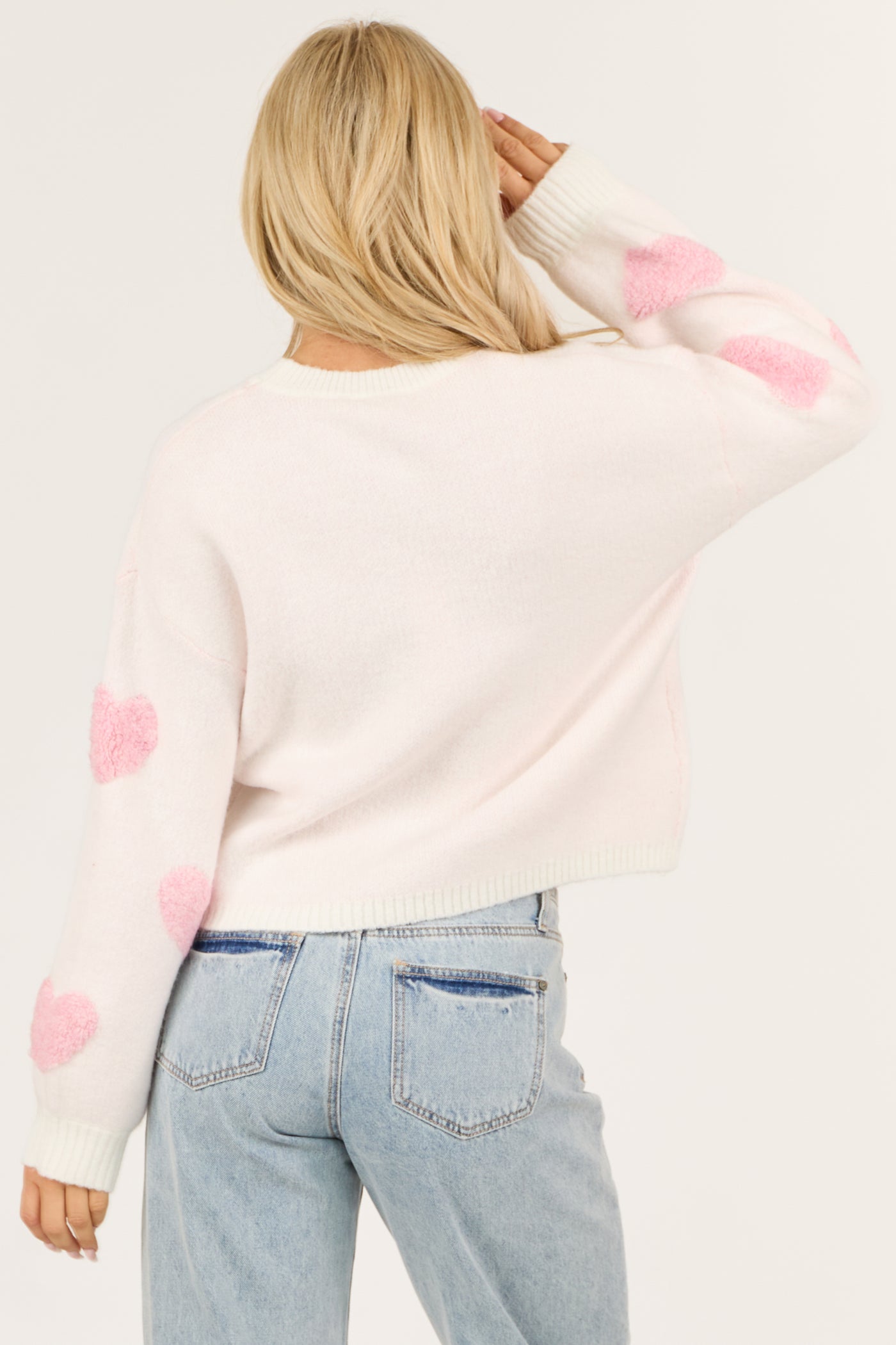 Ivory Heart Print Round Neck Long Sleeve Sweater