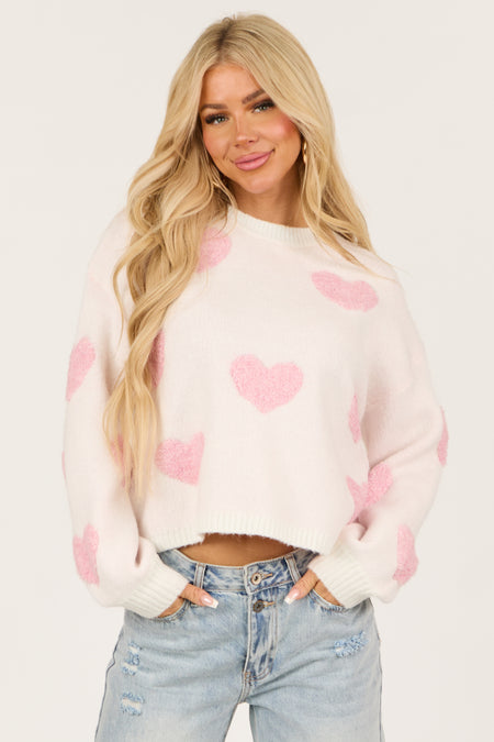 Ivory Heart Print Round Neck Long Sleeve Sweater