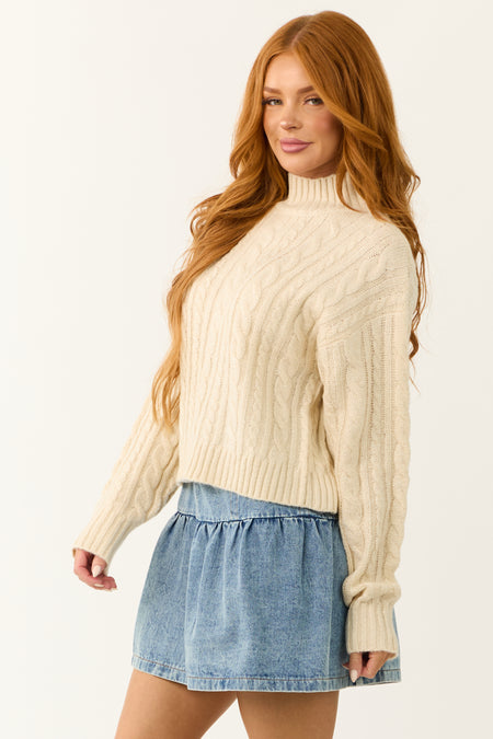 Ivory High Neck Cable Knit Sweater