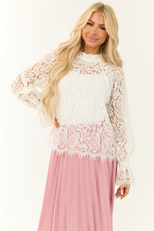 Ivory High Neck Eyelash Trim Lace Blouse