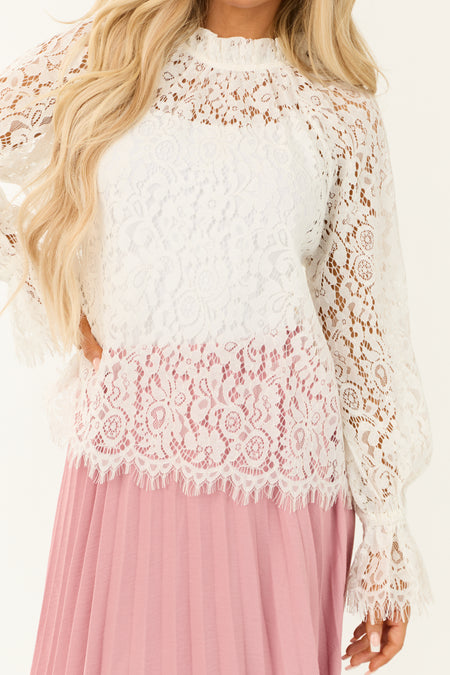 Ivory High Neck Eyelash Trim Lace Blouse