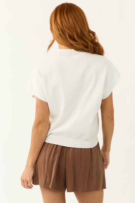 Ivory High Neck Knit Short Sleeve Top