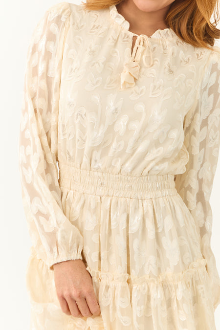 Ivory Jacquard Long Sleeve Ruffle Mini Dress