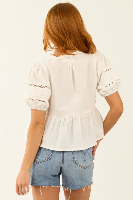 Ivory Lace Trim Frill Neckline Peplum Blouse