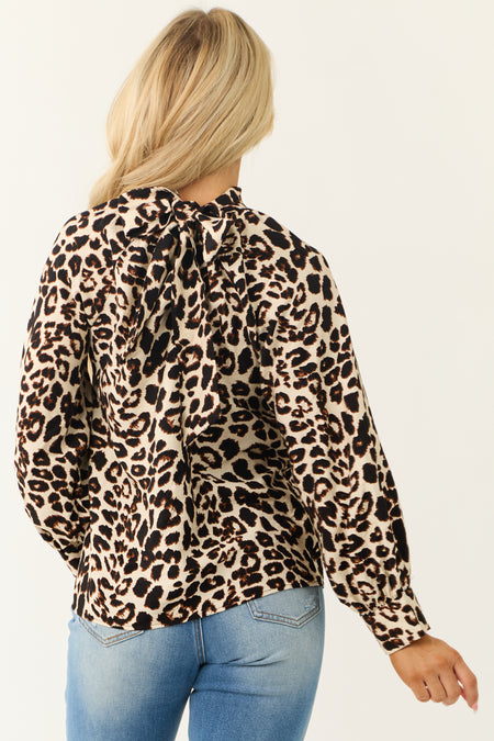 Ivory Leopard Print Mock Neck Long Sleeve Blouse