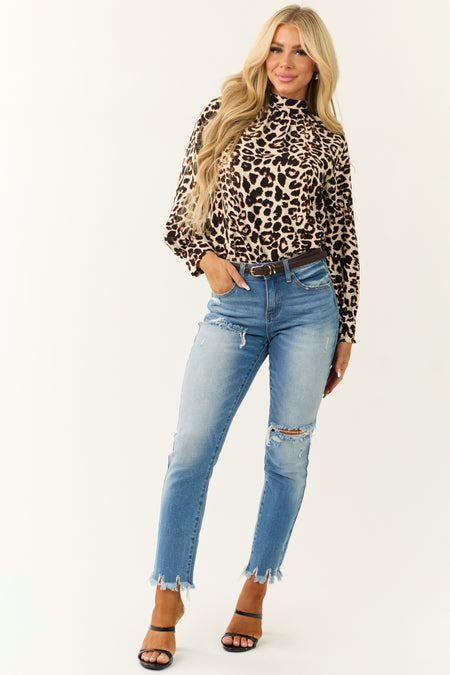 Ivory Leopard Print Mock Neck Long Sleeve Blouse