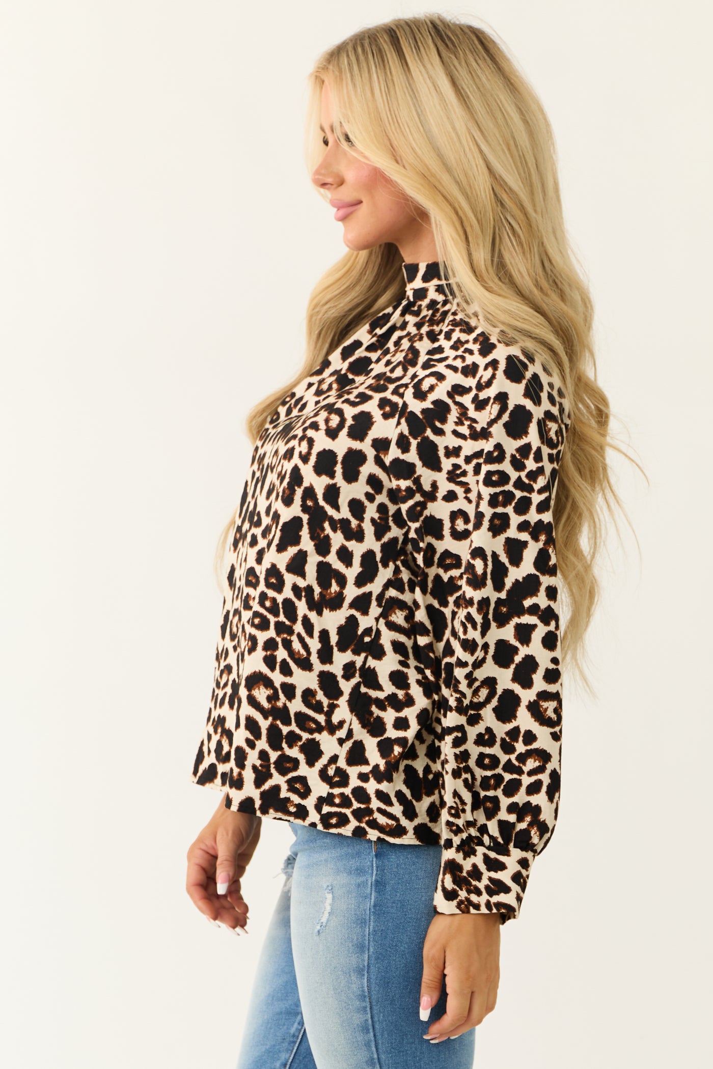 Ivory Leopard Print Mock Neck Long Sleeve Blouse