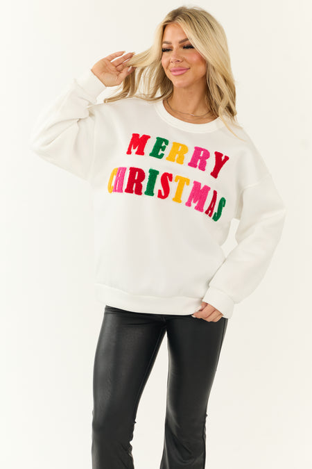 Ivory Merry Christmas Patch Detail Pullover Sweatshirt