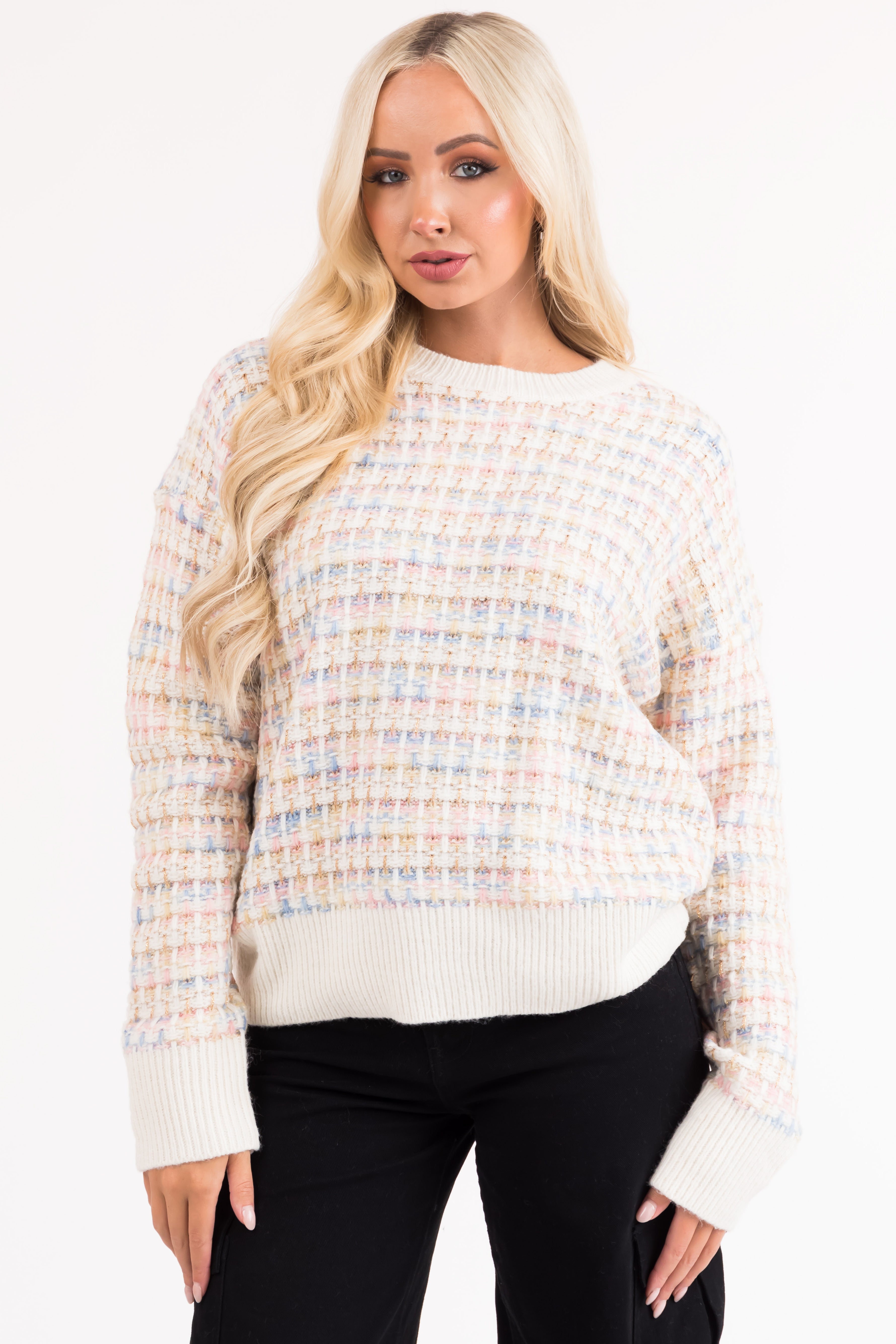 Ivory Multicolored Long Sleeve Knit Sweater | Lime Lush