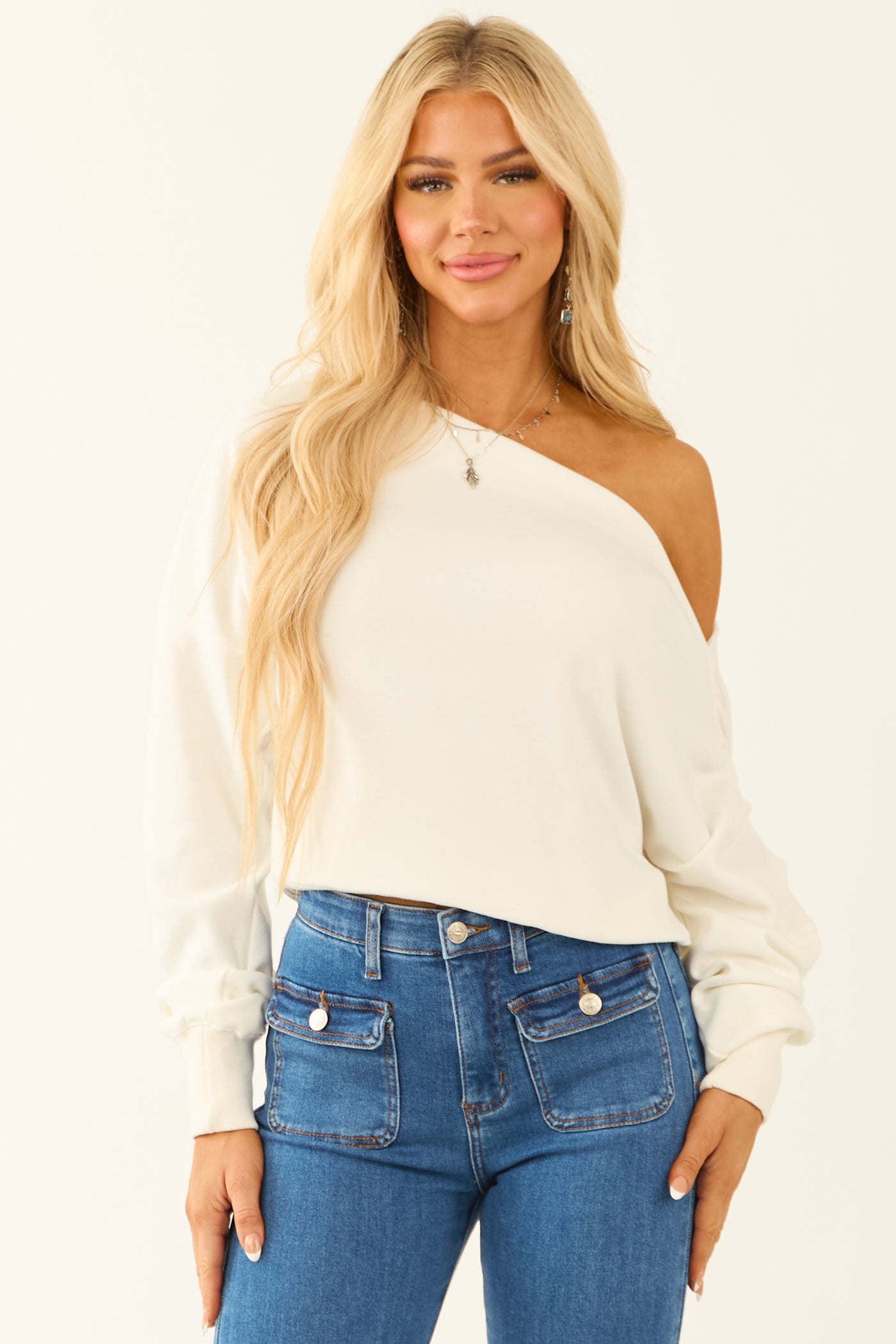 Ivory One Shoulder Long Sleeve Knit Sweater