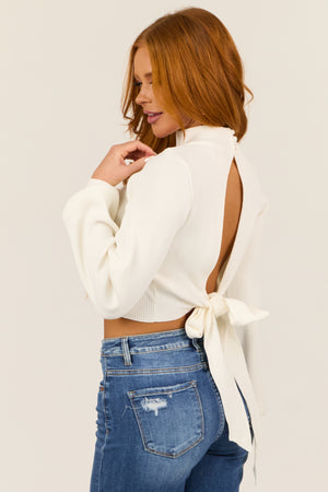 Ivory Open Back Bow Tie Long Sleeve Knit Sweater