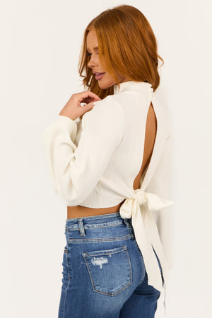 Ivory Open Back Bow Tie Long Sleeve Knit Sweater