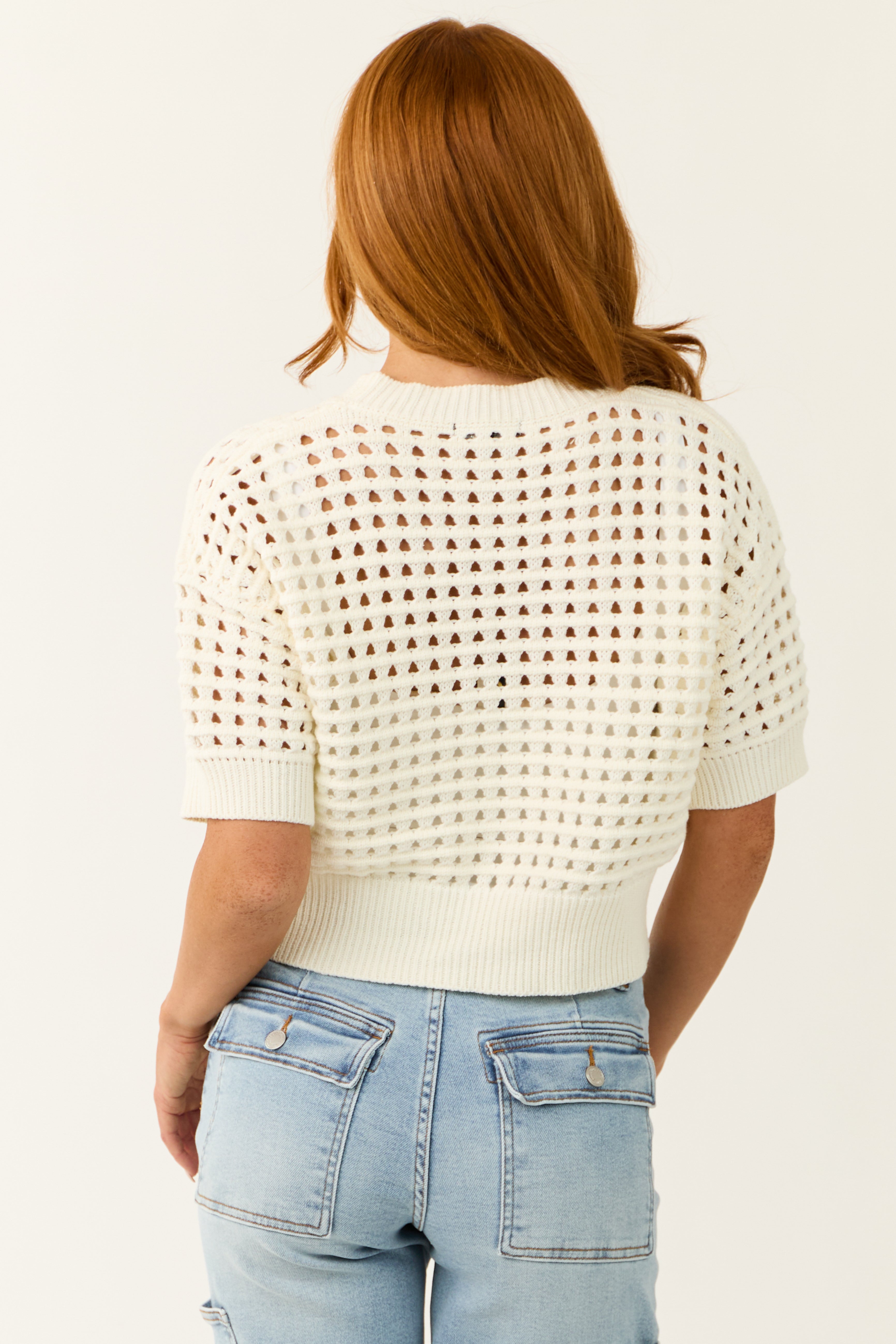 Ivory Open Crochet Half Sleeve Crop Top