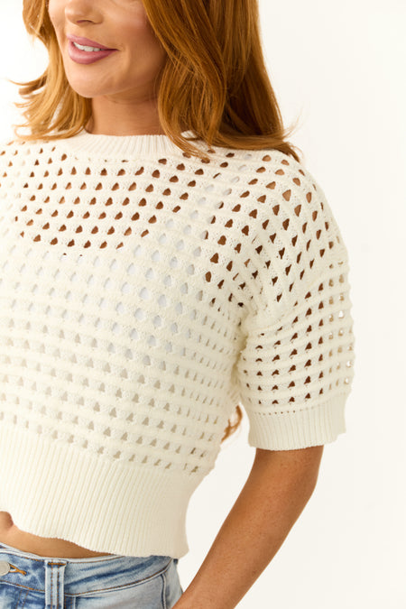 Ivory Open Crochet Half Sleeve Crop Top