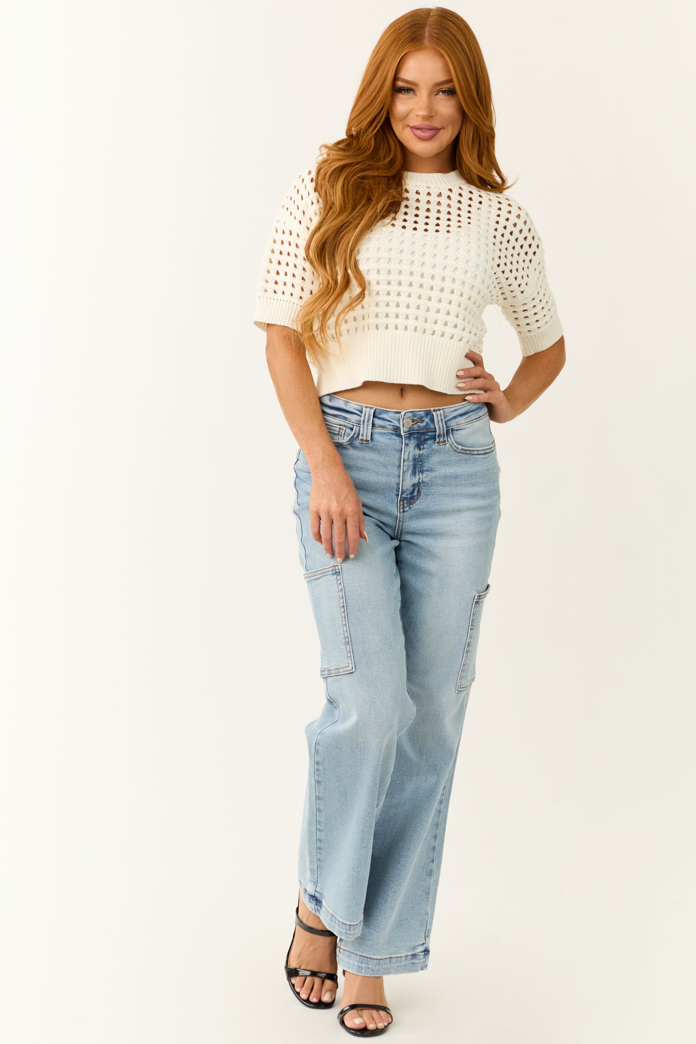 Ivory Open Crochet Half Sleeve Crop Top