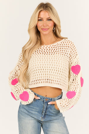 PRE-ORDER Ivory Open Crochet Knit Heart Patch Sleeve Sweater SHIP ETA 1/20