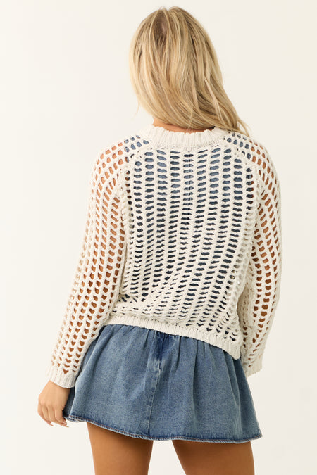 Ivory Open Crochet Knit Long Sleeve Top