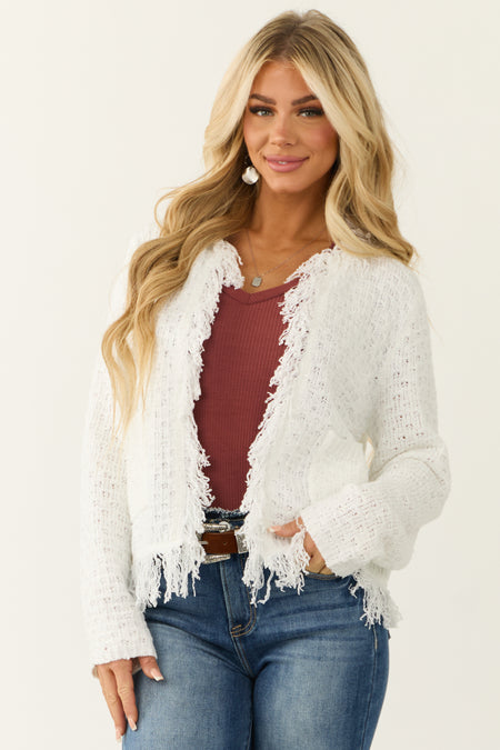 Ivory Open Front Fringe Trim Knit Cardigan