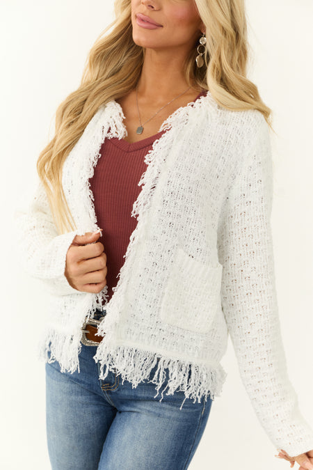 Ivory Open Front Fringe Trim Knit Cardigan