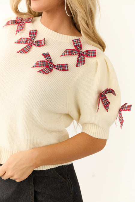 Ivory Plaid Bow Detail Short Puff Sleeve Sweater