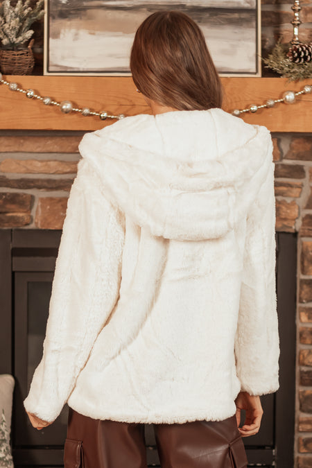 Ivory Plush Faux Fur Long Sleeve Hooded Jacket