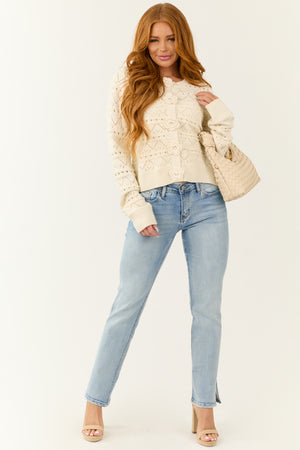 Ivory Pointelle Knit Button Up Long Sleeve Cardigan